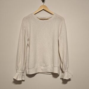 Anthropologie Eri + Ali Round Neck Cream Long Ruffle Sleeve Shirt Size M, Euc